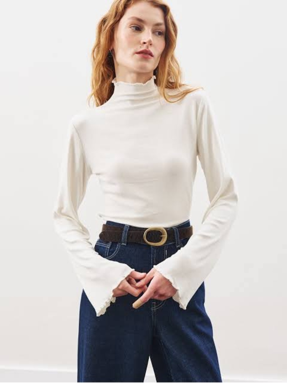 Madewell Texture & Thread Ruffled Mockneck Top Cream Bell Sleeve Cottagecore Med